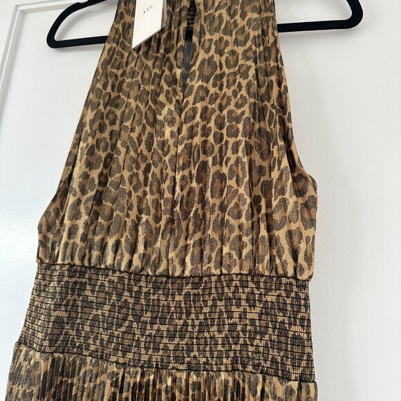 NWT A.L.C. Renzo Pleated Midi Dress Metallic Gold Sz 12 Leopard Print Mock Neck - Picture 9 of 9